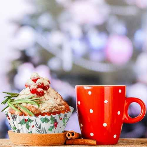 Whaline 300Pcs Christmas Cupcake Liners Holly Print Baking Cups Holders Watercolor Holly Jolly Cupcake Wrappers Red Green Berry Muffin Liners for Xmas Holiday Birthday Party Supplies