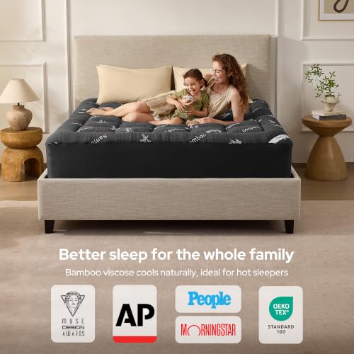 King Mattress Topper 2 Dark Gray Pillow Top Bed Cover - Thick & Soft