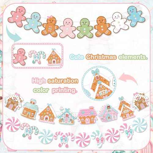 K KUMEED 3 PCS Gingerbread Man Theme Banners, Christmas House Decorations, Pink Party Supplies for Winter Birthday Baby Shower Decor