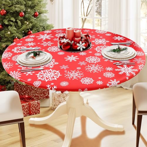 Smiry Christmas Round Fitted Tablecloth 42-50 Inch with Elastic Windproof Edge - Xmas Red & White