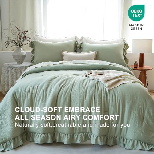 Sage Green Ruffle Comforter Set - Queen Bedding with 2 Shams - Soft & All-Season