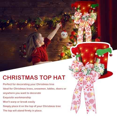 Christmas Tree Topper Hat, Large Red Bow Christmas Tree Topper, Lighted Red Velvet Hat with Elf Legs Christmas Tree Decorations, Tabletop Ornaments for Holiday Home Decor