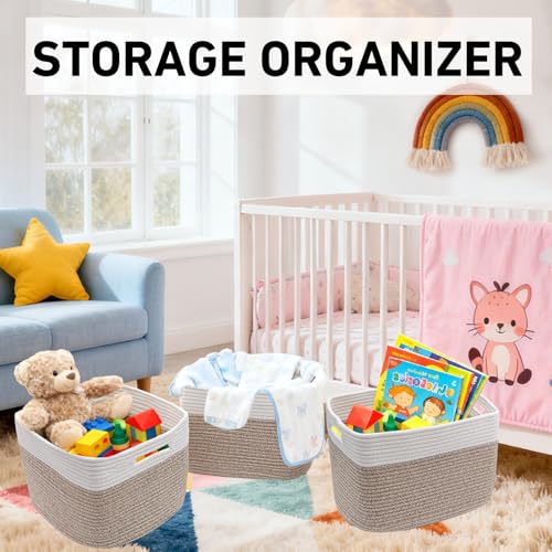 3 Pack White and Brown Woven Storage Baskets with Handles - Home Organization