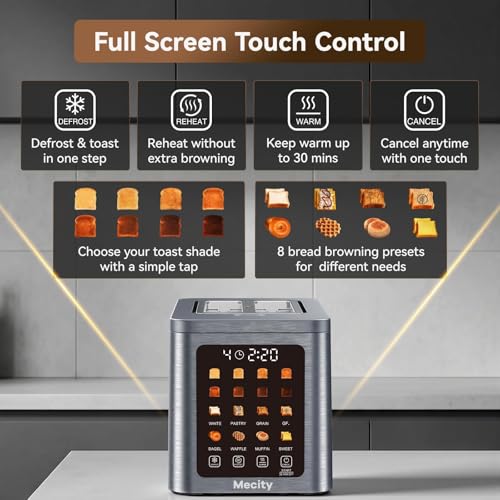 Mecity 2 Slot Smart Touchscreen Toaster - Brushed Stainless Steel Gray, Wide Slot, Auto Lift & Memory Function