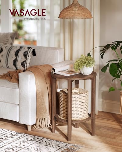 VASAGLE Boho Round Side End Table Black Walnut 1-Pack Rattan Look
