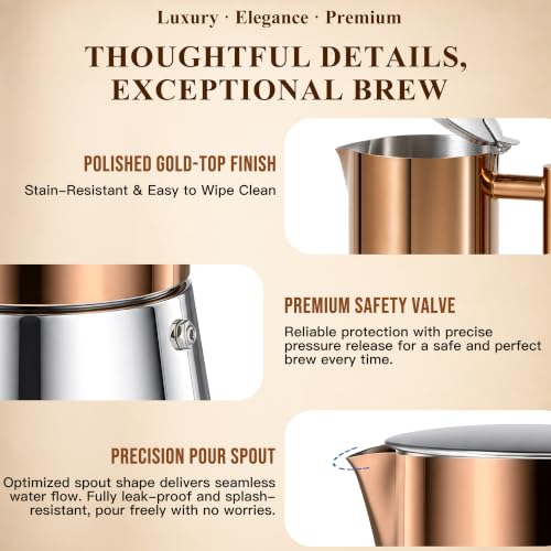 Newdehanm 20oz Rose Gold Stainless Steel Moka Pot - 12-Cup Stovetop Espresso Brewer