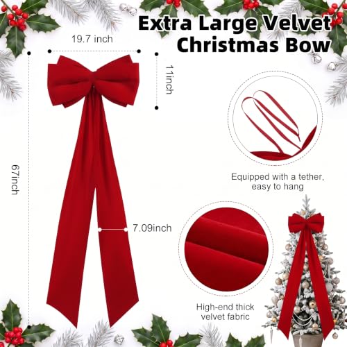 CORVIDA 20"×67" Large Velvet Christmas Tree Bow Topper - Red