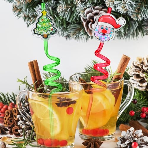 Reusable Christmas Curly Drinking Straws - 8 Pack with Cartoon Designs & Cleaning Brushes