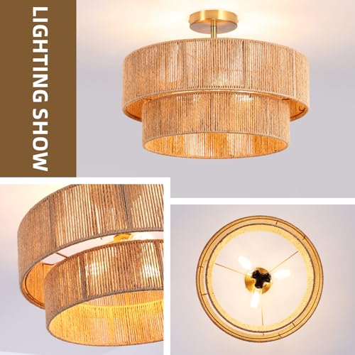 18-Inch Boho Rattan Semi-Flush Mount Ceiling Light Fixture - Handwoven Rustic Style