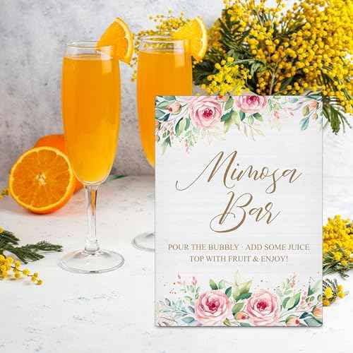 Mimosa Bar Sign, Mimosa Bar Supplies, Floral Brunch Decor, Flower 8x10 Wooden Tabletop Sign With Stand, Mimosa Bar Decor For Bridal Shower Baby Shower Wedding Birthday Christmas Party, 10
