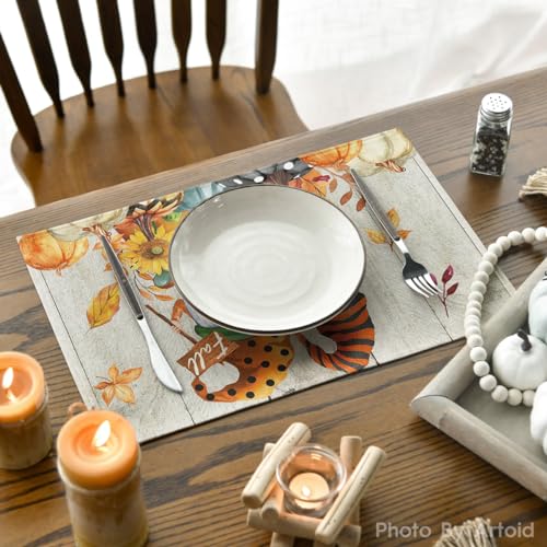 Artoid Mode Wood Gnomes Pumpkins Fall Placemats Set of 4, 12x18 Inch Seasonal Thanksgiving Table Mats for Party Kitchen Dining Decoration