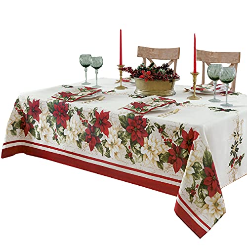 Newbridge 84x60 Inch Christmas Poinsettia & Floral Border Rectangular Fabric Tablecloth