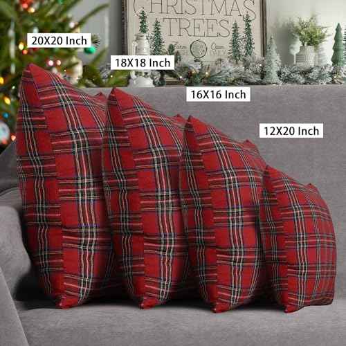 4TH Emotion Set of 2 Christmas Scottish Tartan Plaid Throw Pillow Covers Cushion Case Polyester for Farmhouse Home Decor Red and Green, 18 x 18 Inches