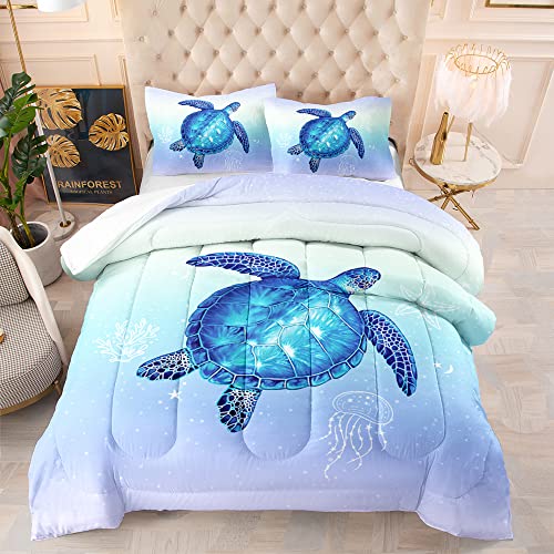 DYcolor 3D Aqua Blue Reptile Turtle Ocean Life Bedding Quilt, 3-Piece Under Sea Animal Starfish Turtle Comforter Set with 1 Comforter and 2 Pillow Cases for Kids, Teens, Adult (04, Queen)