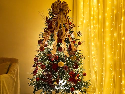 HUIHUANG Red Christmas Tree Topper Bow 13x45 Inch, Red and White, Wired Holiday Decor