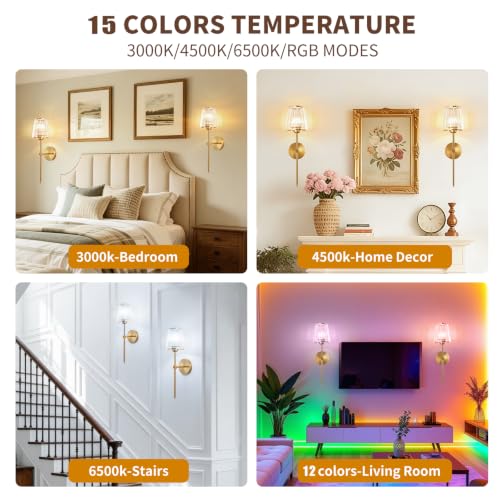 Gold Battery Operated Crystal Wall Sconces Set of 2 with Adjustable RGB Lighting