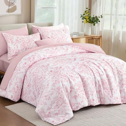 Pink Floral Queen Size Comforter Set - 8 Pieces Bed in a Bag, Microfiber Bedding