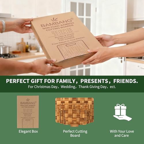 BAMBANG End Grain Bamboo Cutting Boards Set of 3 with Juice Groove & Stand
