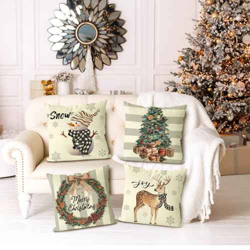 Christmas Pillow Covers 18x18 Set of 4, Decor for Sofa Couch, Indoor Outdoor Decorations, Throw Pillow Cases for Winter Xmas Holiday Farmhouse Party