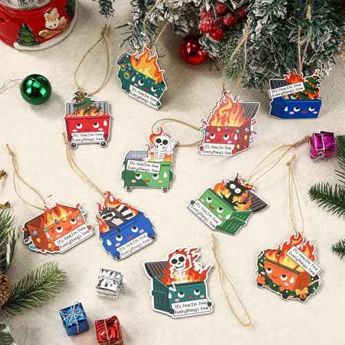 Syhood 10 Pcs Christmas Dumpster Fire Ornament Everything is Fine Christmas Tree Hanging Decoration Emotional Support Dumpster Fire Decor Employee Appreciation Gift for Xmas Team Coworker, 10 Styles