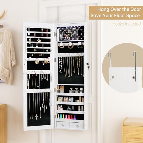 Off White LED Mirror Jewelry Armoire Door Wall Mount with Storage & Drawers