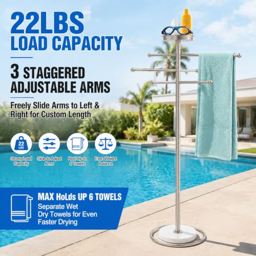 Outdoor 59 Inch Pool Towel Rack with Brushed Finish, Adjustable Arms & Marble Base