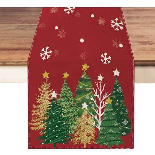 Christmas Table Runner 13x72 Inch, Red Snowflakes Pine Tree Table Decors for Seasonal Winter Xmas Holiday Home Kitchen Dining Party Indoor Outdoor