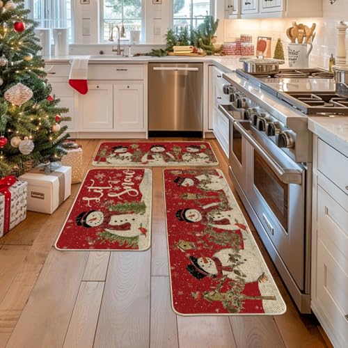 Red Let It Snow Snowman Cardinal Bird Kitchen Rugs 3-Piece Set 17"x29"+17"x36"+17"x47"