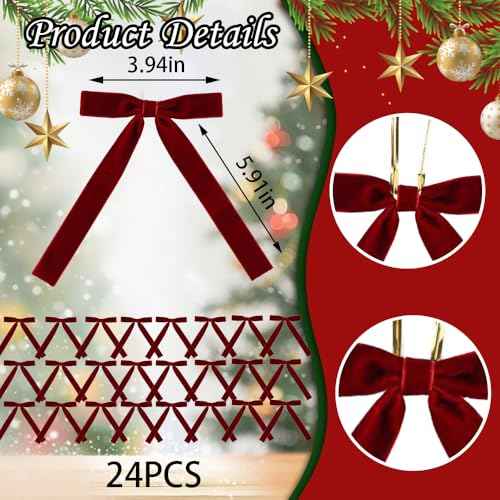 24 Pieces Mini Burgundy Red Velvet Bow 3.9 x 5.9 Inches Wedding Craft Bows Birthday Tree Ornaments Bow 4/5" Width Ribbon Tie Bows for Trees Gift Wrapping Decorations