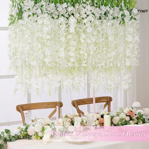 White Wisteria Hanging Flowers Set 40pcs Fake Floral Decor for Weddings & Home