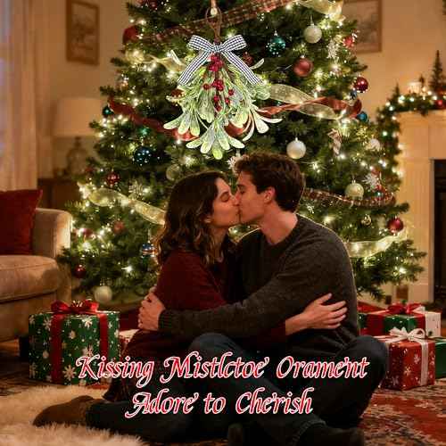 Mistletoe Christmas Decor, Artificial Hanging Mistletoe Picks with Plaid Bow Red Berries,Like Real Christmas Kissing Ball Ornaments for Kitchen Doorway Tree Decorations