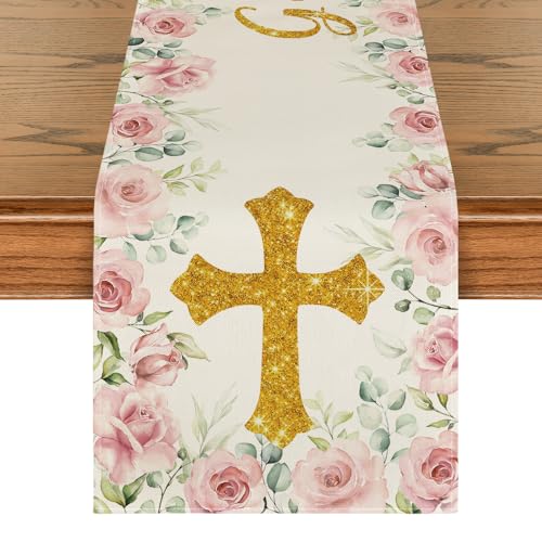 Artoid Mode Pink God Bless Girl Baptism Table Runner 13x90 Inch | First Holy Communion Christening Decor