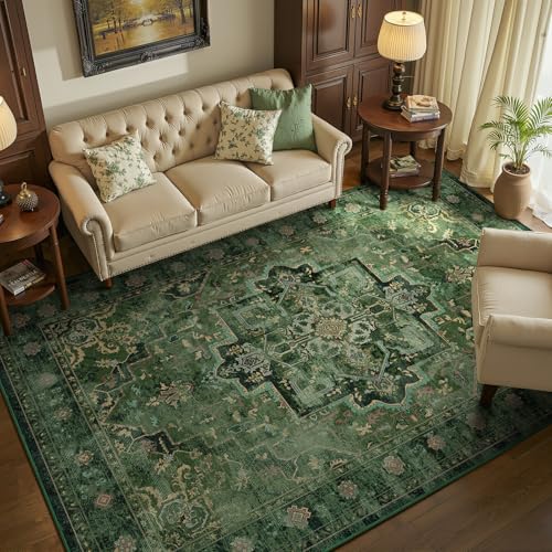 Jainmy 6x9 Dark Green Traditional Area Rug with Medallion Pattern, Low Pile, Non-Slip, Washable for Living Room & Bedroom