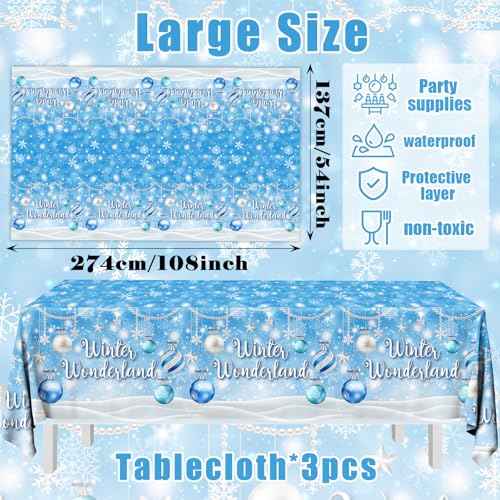 Winter Wonderland Tablecloth Blue Snowflake Winter Party Decorations Winter Wonderland Christmas Lights Snow Disposable Plastic Table Cover for Winter Wonderland Baby Shower Birthday Party Supplies