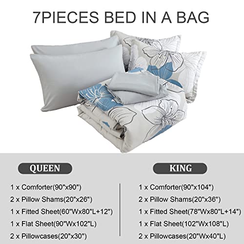 Queen Size Blue Floral Comforter Set with Sheets - 7 Pieces Bedding in a Bag