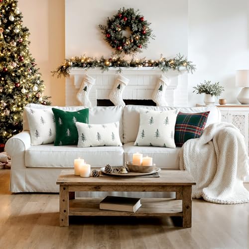 MIULEE 18x18 Inch Faux Fur Pillow Covers Set of 2 White Green Embroidered Christmas Tree