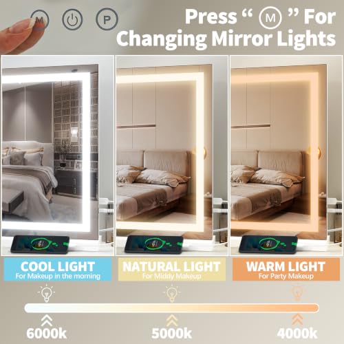 White 23x18 Inch Vanity Mirror with Lights - Adjustable Brightness & 3 Color Modes