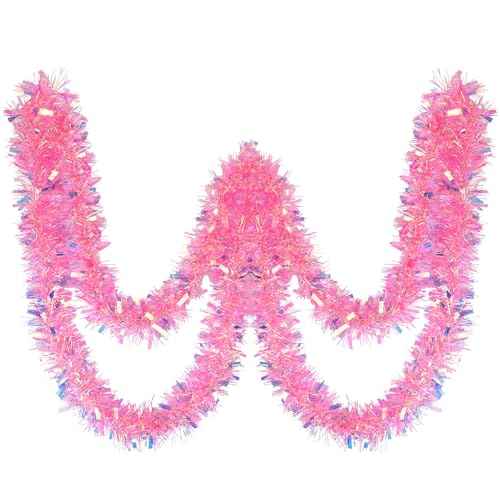 CCINEE 32.8 Feet Pink Tinsel Garland, Christmas Glitter Metallic Tinsel Twist Garland for Xmas Easter Valentines Day Wicked Party Fireplace Hanging Decorations