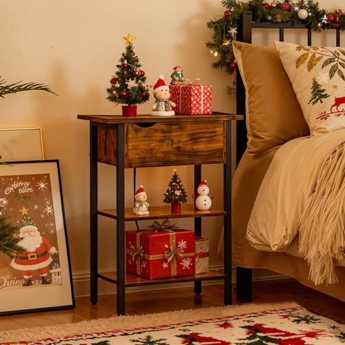 HOOBRO Rustic Brown & Black End Table with Charging Station, Flip Top Nightstand with USB & Outlets, Narrow Side Table for Small Spaces