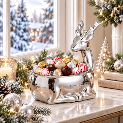 SiliFine Christmas Silver Reindeer Ceramic Candy Bowl - Holiday Table Decor