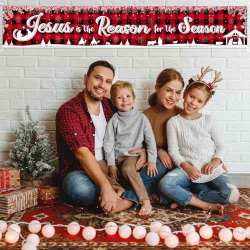 Tiamon Holy Nativity Christmas Banner Manger Scene Religious Jesus Is the Reason for the Season Red Buffalo Plaid Hanging Banner for Xmas Winter Holiday Outdoor Indoor Decoration