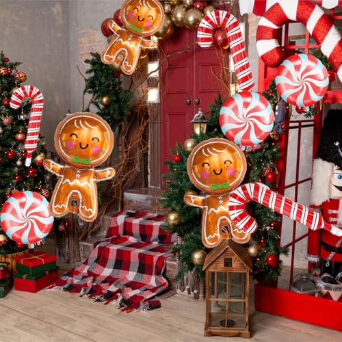 Christmas Balloons Decorations, Gingerbread Balloons, Candy Cane Foil Mylar Balloon for Gingerbread Christmas Party Decorations, New Year, Birthday Party Supplies