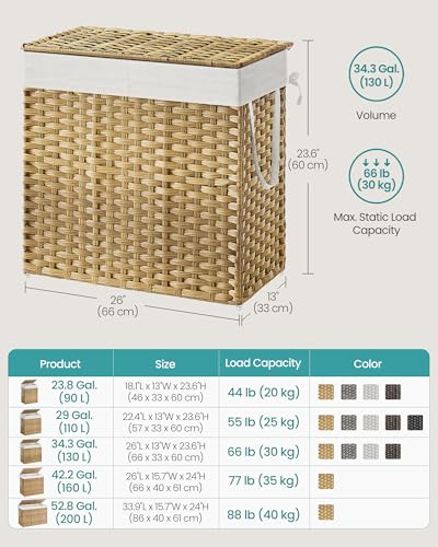 SONGMICS Laundry Hamper with Lid and 2 Sections - Natural 130L Wicker Basket with 6 Mesh Bags