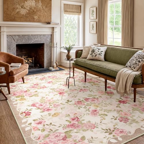 5x7 Pink Vintage Floral Washable Rug - Bedroom, Living Room, Kids Playroom