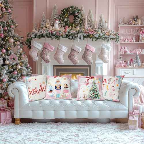 Mocsicka Merry Christmas Nutcracker Pillow Covers 18¡¿18 Inch, Pink Nutcracker Throw Pillow Covers Winter Christmas Holiday Cushion Case for Sofa Couch Bed Home Decorations Set of 4