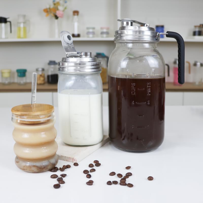 Wide Mouth Mason Jar Flip Pouring Spout Lids with Handle.Turns Mason Jar to Pitcher.Suitable for Drinking, Salad, Dressing Pouring, Leak-Proof (Wide Mouth with Handle)