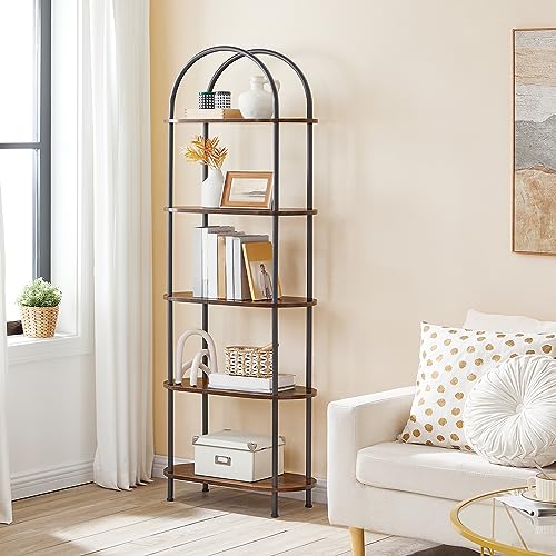 Rustic Brown 5-Tier Open Bookshelf - Industrial Arched Wooden Storage Shelf
