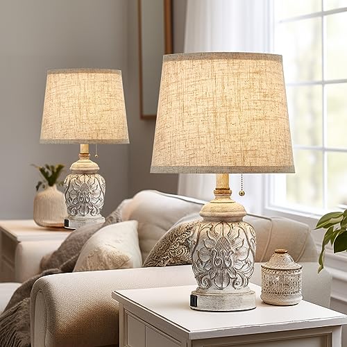19.5" Vintage Rustic Farmhouse Table Lamps Set of 2 with Pull Chain & USB Ports, White Finish