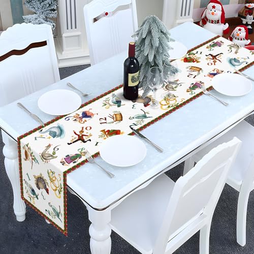 12 Days of Christmas Table Runner - Holiday Xmas Decor with Golden Rings & Doves