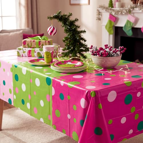 Oudain 3 Pcs Pink & Green Polka Dot Tablecloths 54 x 108 in – Disposable Plastic Event Covers